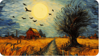 An image of a country side painting in the style of Van Gogh. Starlings are in flight above a country road 19th century setting in the farm land.