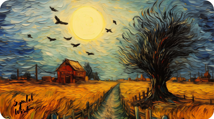 An image of a country side painting in the style of Van Gogh. Starlings are in flight above a country road 19th century setting in the farm land.